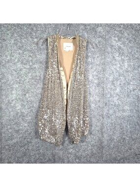 Anthropologie Sequin Open Front Vest Women’s Size S Silver Gold Boho Festival La
